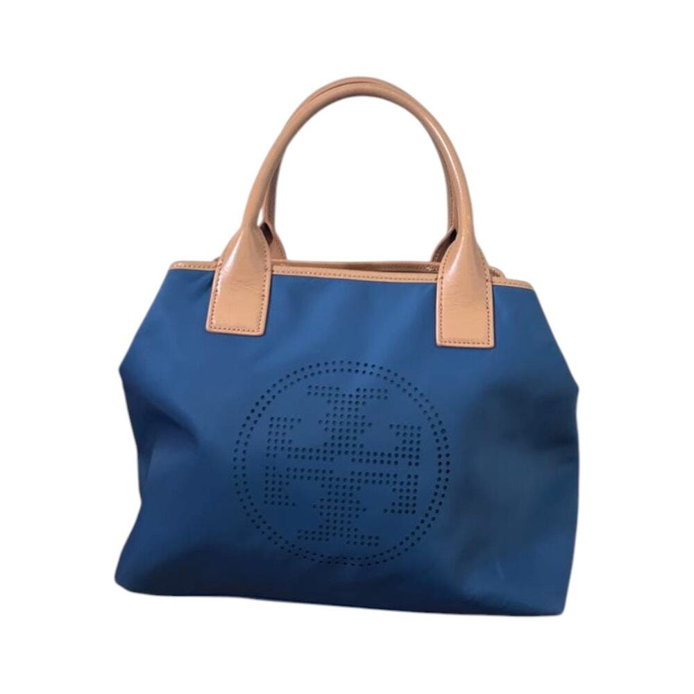 Tory Burch Navy Tote – Tan Leather Trim & Perforated Double-T Logo
